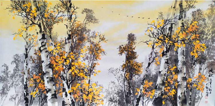 孙胤博国画白桦林系列《晚秋》 规格:138cm x 68cm