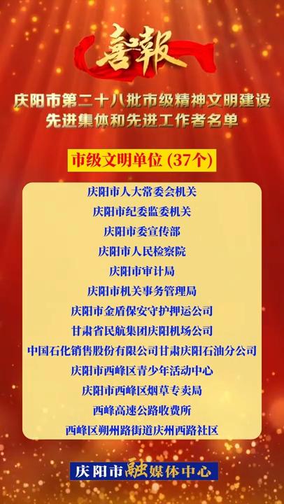【微视频·喜报】庆阳市第二十八批市级精神文明建设先进集体和先进工作者名单（一）市级文明单位