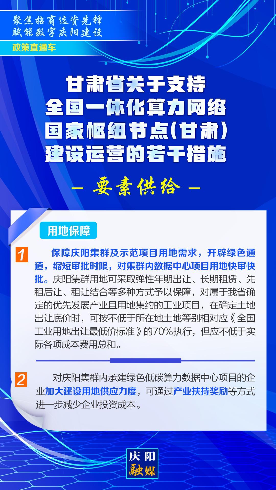 【聚焦招商选资先锋 赋能数字庆阳建设】甘肃省关于支持全国一体化算力网络国家枢纽节点(甘肃)建设运营的若干措施︱要素供给——用地保障